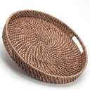 Round Rattan Woven Serving Tray with Handles Ottoman Tray for Breakfast, Drinks, Snack for Coffee Table, Home Decorative (16.9 inch, Honey Brown)