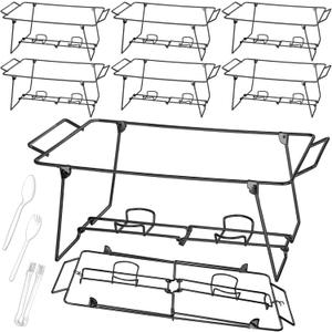 Geosar 32 Pack Wire Buffet Rack Stand Folding Chafing Stand Chrome Frame Serving Trays Food Warmer with Plastic Tongs Forks and Spoons for Christmas Thanksgiving Home Party Catering Supplies(Black)