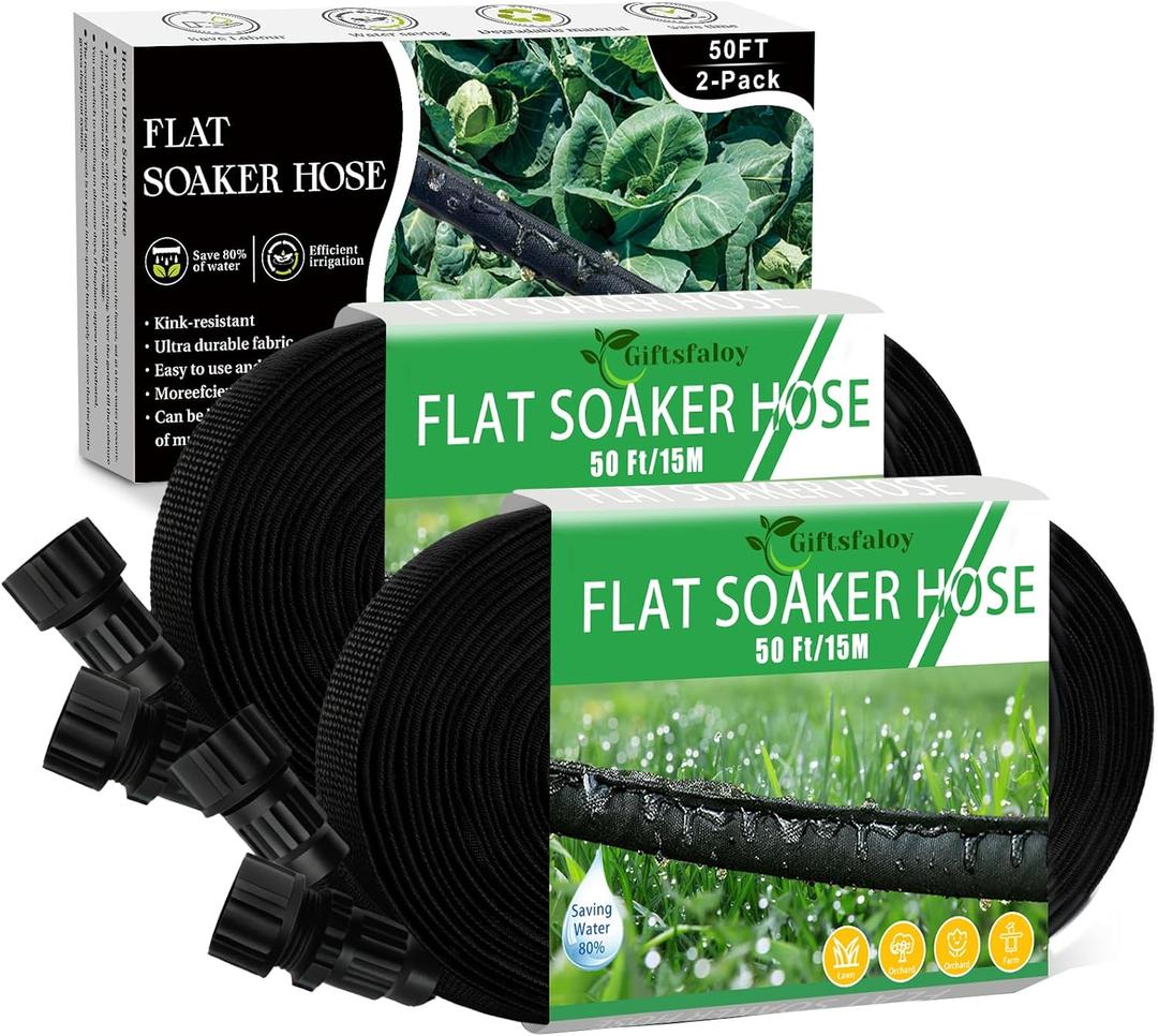 Flat Soaker Hose, Garden Hose with Heavy Duty Double Layer Design, Drip Irrigation Hose Saves 80% Water, Leak Proof Sprinkler Hose for Garden, Lawn, Vegetable plot (100FT)