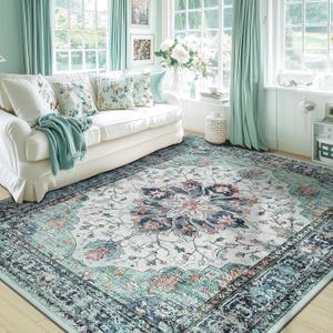 RELEANY Area Rugs 5'x7' Washable Non-Slip, Floral Vintage Distress Print Pattern Medallion Carpet for Living Room Bedroom Dining Room, Green Navy Blue White Red Teal Colorful