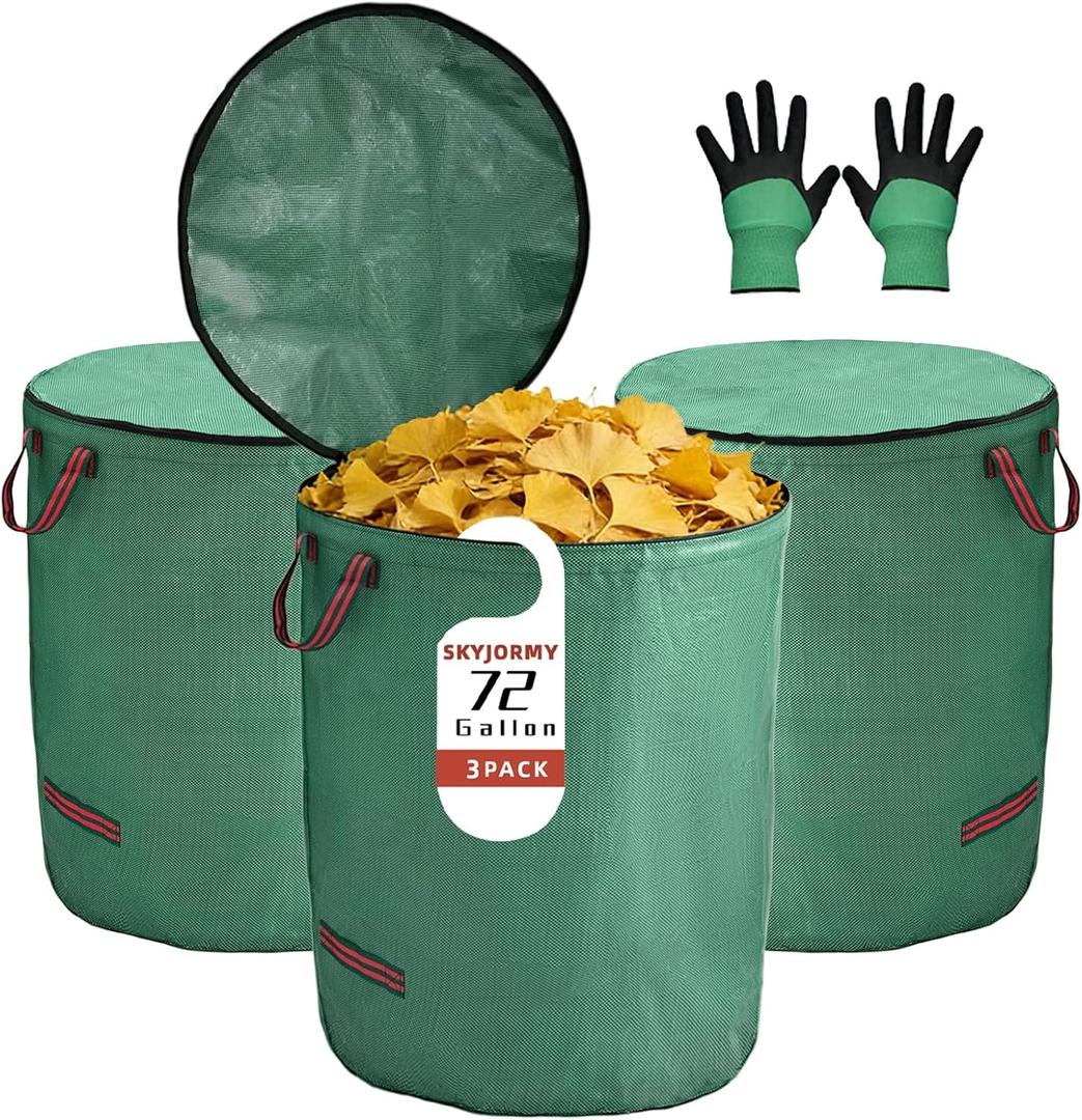 3-Pack Reusable Yard Waste Bags with Lid, 72 Gallon Heavy Duty Lawn and Leaf Bags with Gardening Gloves, Self-Standing Collapsible Garden Waste Container with 4 Reinforced Handles for Debris & Grass