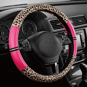 Road Comforts Leopard Steering Wheel Cover - Made with PVC Leather Cheetah Print - Anti-Slip, Universal Fit 14 1/2 inches to 15 inches - Hot Pink