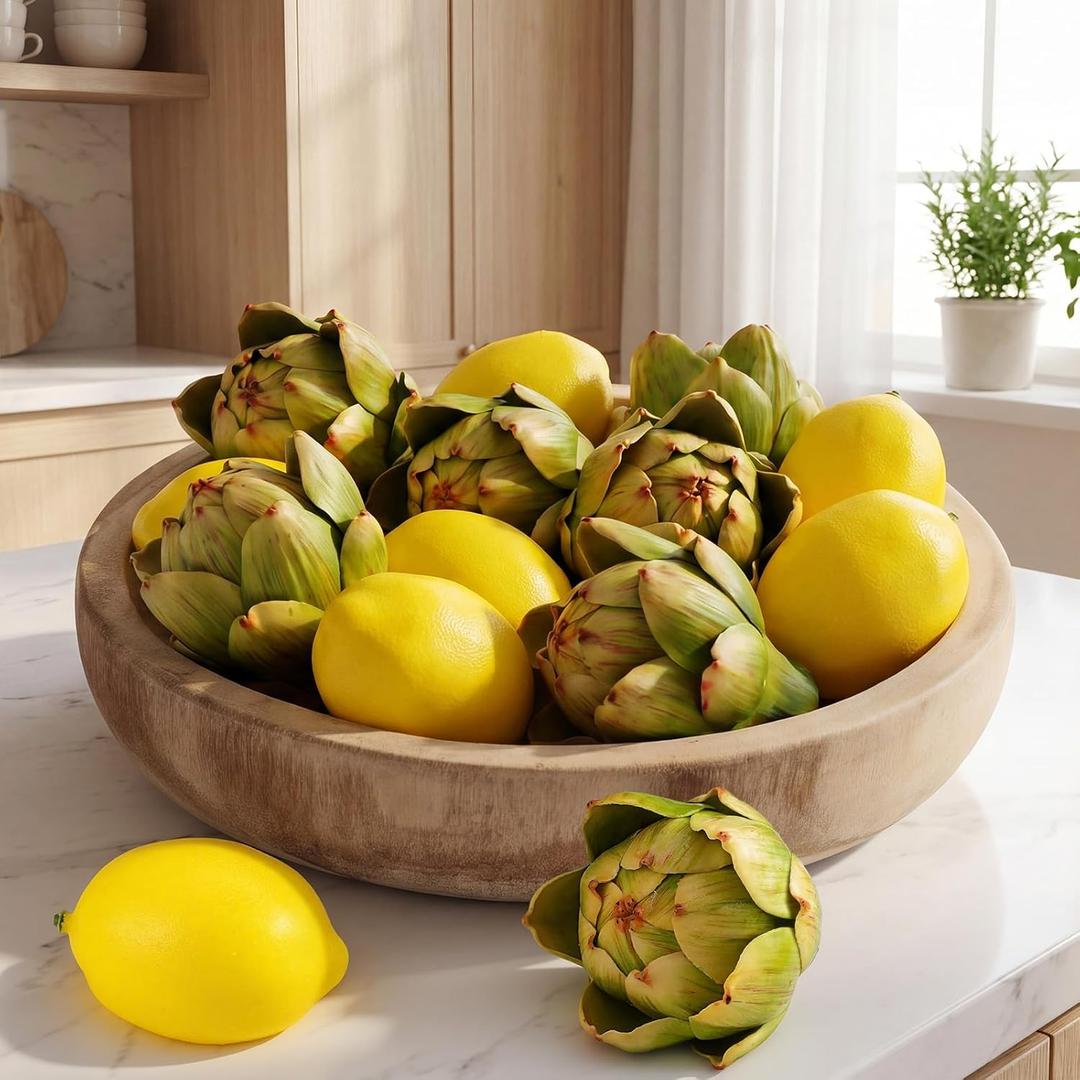 Novabright 12 Pcs Artificial Artichokes and Lemons Set Realistic Green Artichokes Yellow Lemons Fake Vegetables and Fruits for Kitchen Decor Centerpiece Bowl Fillers
