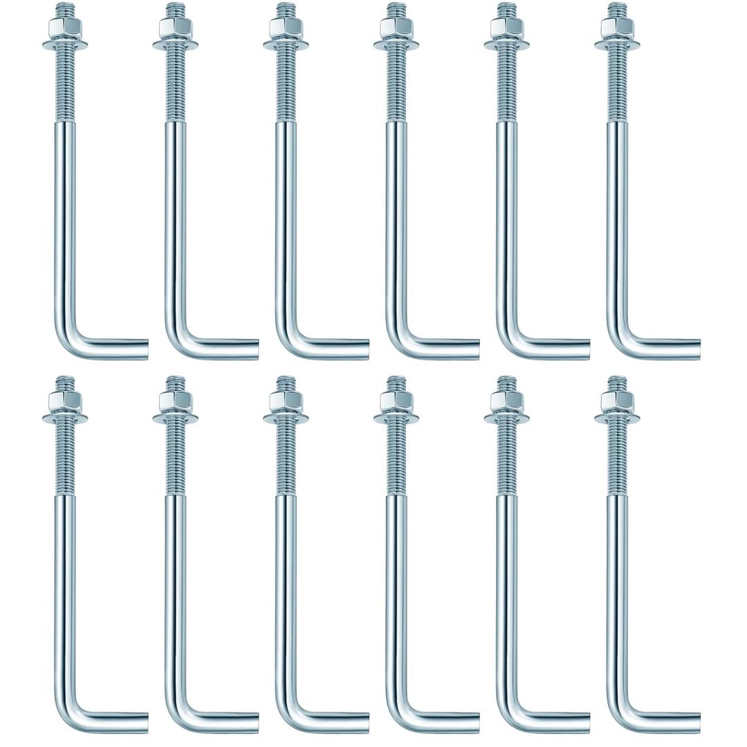 12 Pcs Galvanized Anchor Bolts, 1/2 x 8 Anchor Bolts with Nuts and Washers, J Bolts for Concrete Pouring, Post Anchor and Wood Construction