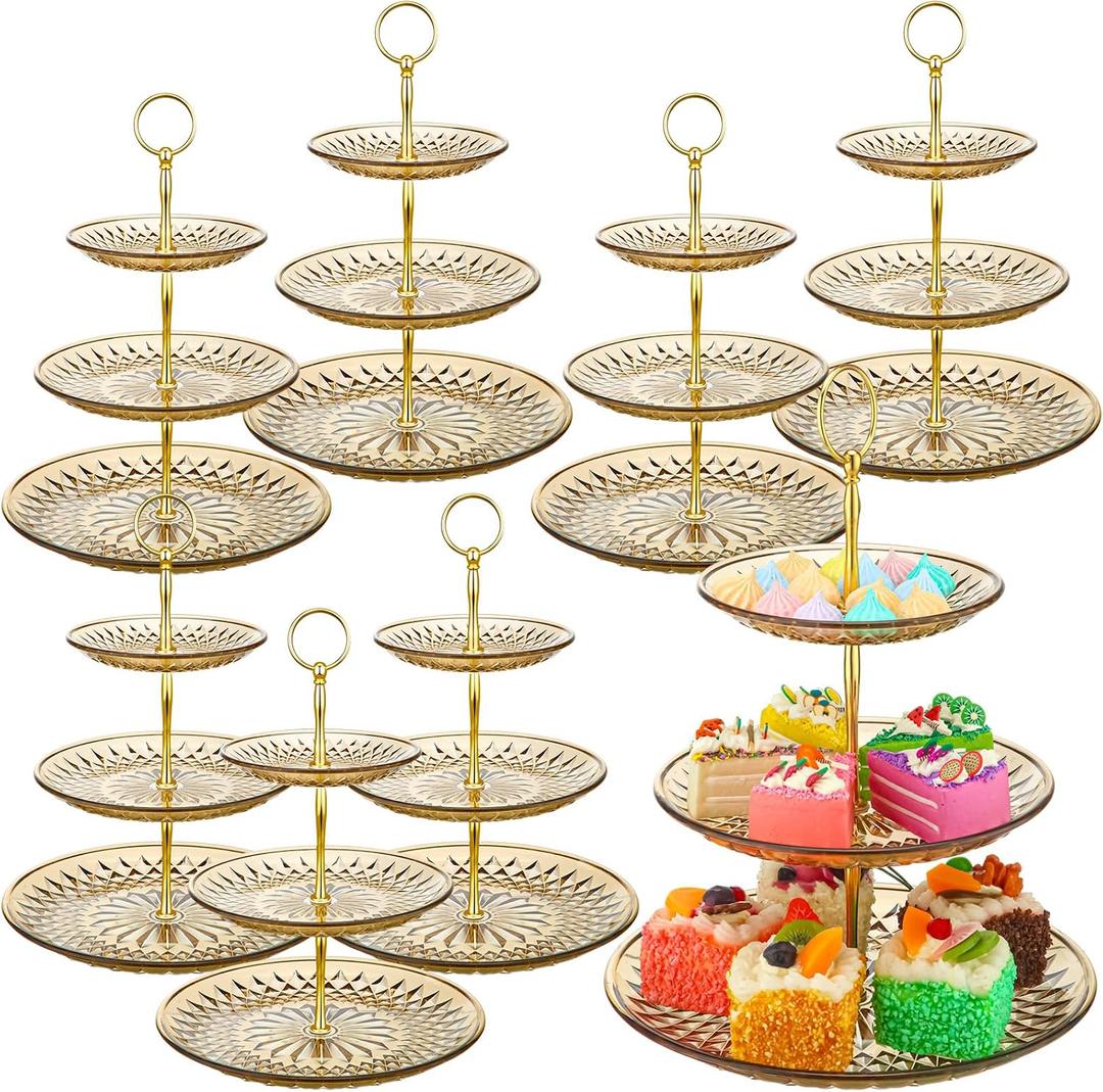 Patelai 8 Packs 3 Tier Crystal Acrylic Clear Cake Stand with Gold Round Holder Acrylic Cupcake Stand Holder for Home Wedding Holiday Birthday Baby Shower Tea Party (Clear Amber)