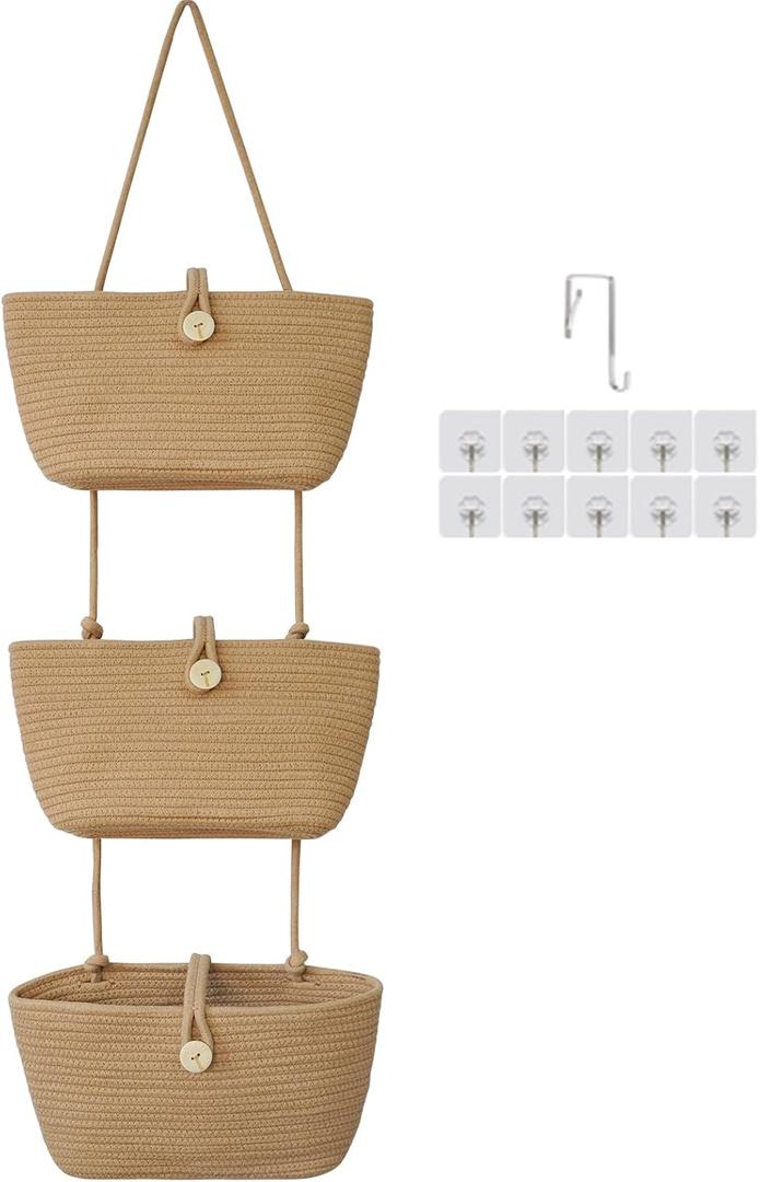 TeoKJ Over the Door Hanging Baskets with Wooden Button, 3-Tier Woven Cotton Storage Organizer Bag, Wall-Mounted with Hook Decorative Hanging Nursery Baskets, Jute