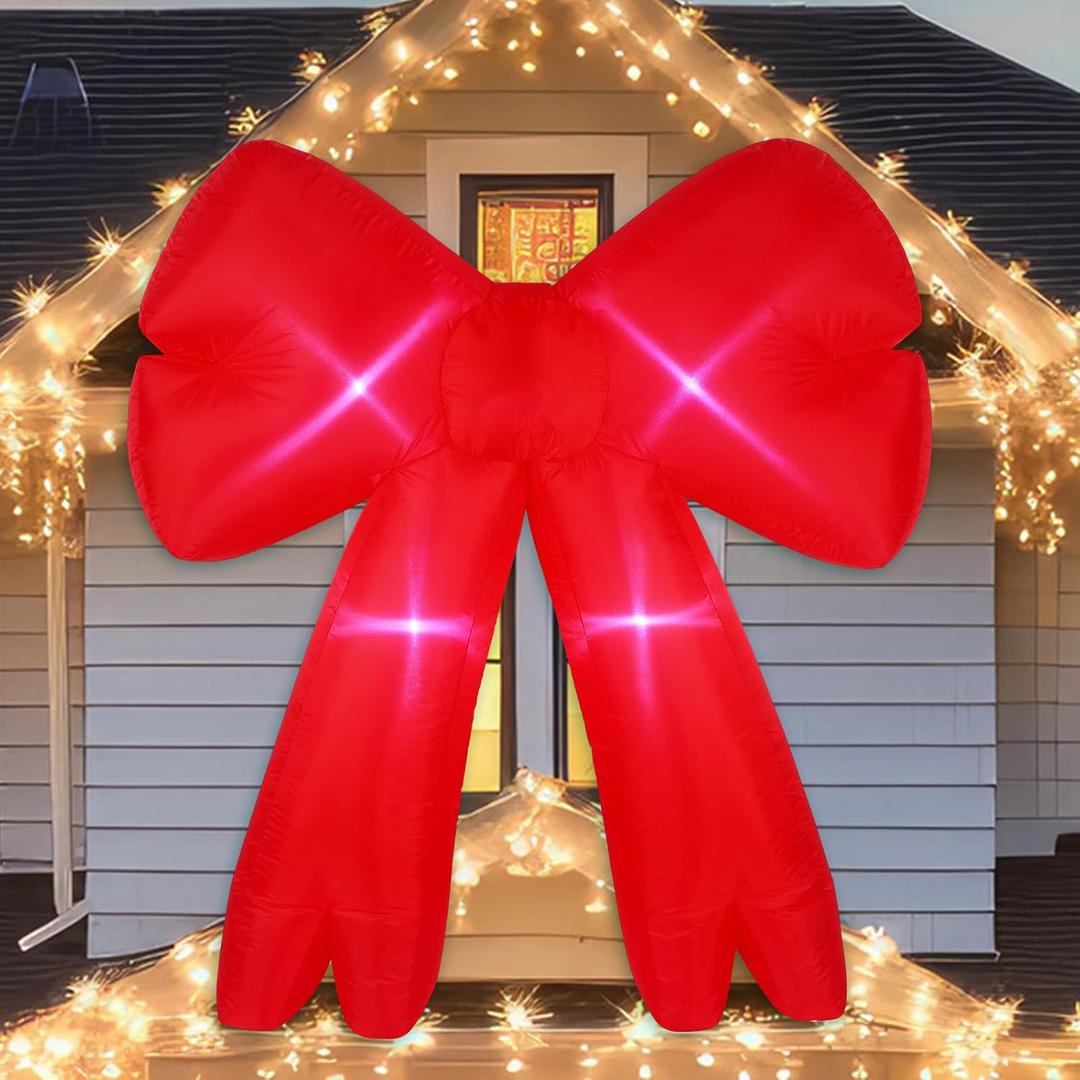 Leyndo 6FT Red Bow Christmas Inflatable Outdoor Decoration with Light, Outdoor Christmas Blow Up Decorations Built-in LEDs, Giant Xmas Inflatables for Yard Lawn Window Wall Glass Door Mall Decor