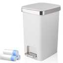 Small Bathroom Trash Can with Lid and 3 Rolls Trash Bags, Step Pedal Wastebasket Plastic Garbage Can with Pop-Up Lid 2.6 Gallon Bin for Kitchen, Bedroom, Office, Dorm, Laundry, Toilet, Rv, White