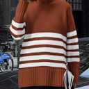 PRETTYGARDEN Women Oversized Striped Turtleneck Sweater 2025 Fall Fashion Long Sleeve Pullover Winter Chunky Knit Jumper Tops (Brown)