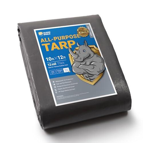 GUARD SHIELD Grey Tarps Heavy Duty Plus+ Waterproof 10x12 Feet, 12mil Large Tarp with Reinforced Grommets, Outdoor Cover for Roof, Car, Boat, Truck and Ground Pool