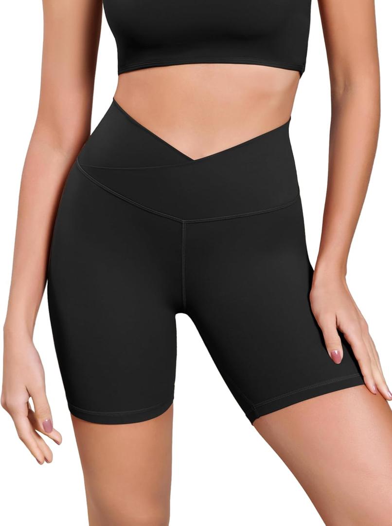 ODODOS Women's Cross Waist Yoga Shorts, 6" Buttery Soft Crossover High Waist Lounge Biker Shorts (Black, M)