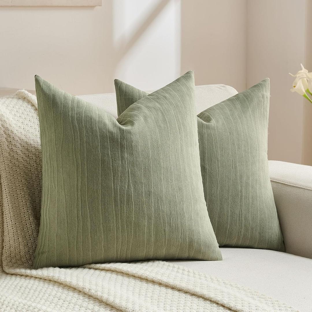 FUTEI Sage Green Chenille Decorative Throw Pillow Covers 18x18 Inch Set of 2, Soft Crushed Striped Texture Cushion Case, Modern Home Decor for Couch Bed Living Room