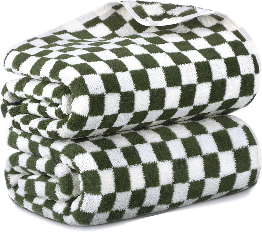 Peryiter 2 Pcs Checkered Bath Towel 27.5" x 55" Soft Large Towels for Beach Bath Bathroom Spa Shower Hotel Gym Pool(Green)