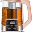 Gourmia Electric Glass Kettle 1.7L Programmable Tea & Coffee Brewer with Digital Touch Display, 6 Presets, Removable Stainless Steel Infuser, Cordless with 360 Swivel Base, Peach