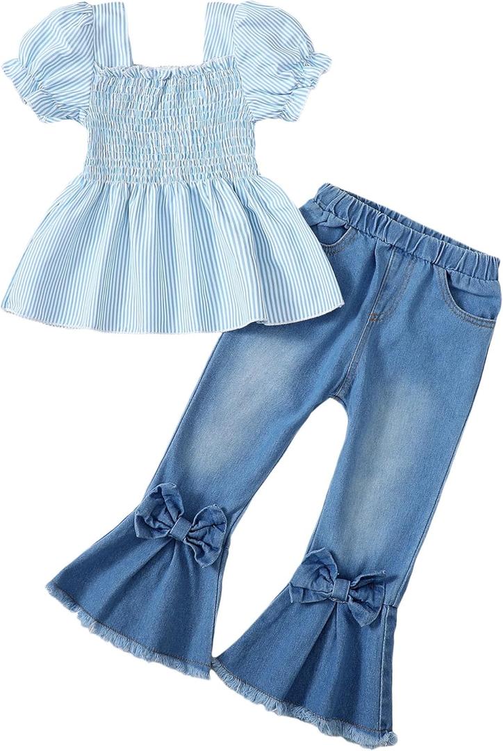 Kucnuzki Toddler Kids Girls Clothes Short Sleeve Shirt Top Flare Denim Jeans 2 Piece Outfits For Girls Cute Clothing Set (6-7 Years)