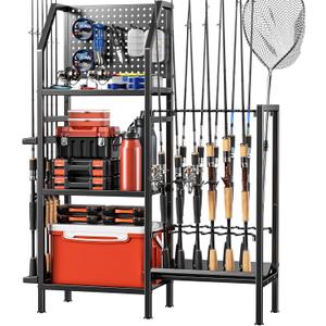 POKIPO Fishing Rod Holders for Garage,Fishing Rod Rack Storage up to 18 Rods,3 Tier Adjust Heavy Duty Metal Fish Pole Stand Organizer with Pegboard for Fishing Gear and Equipment Accessories