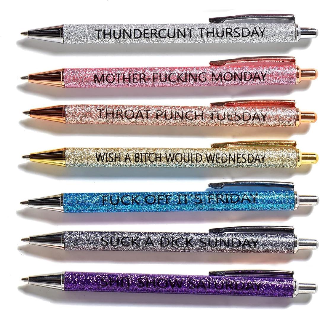 7pcs funny pens for adults,Pens for Adults Describing Mentality,Office Pens with Sayings for Each Day of The Week,Weekday Glitter Pen,Gift for Colleagues, Multi colored