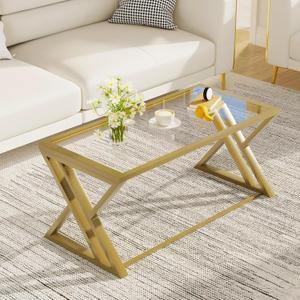 Wolawu Coffee Table Gold Glass Coffee Table for Living Room,Modern Rectangular Center Table with Sturdy Metal Frame,Tempered Glass Table Tea Tables for Bedroom Home Office