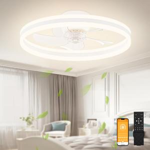 VOLISUN Low Profile Ceiling Fans with Lights and Remote, 19.7in Flush Mount Ceiling Fans with Light, 3000K-6500K Dimmable Fandelier LED Fan Light, Bladeless Ceilings Fan for Bedroom(White)