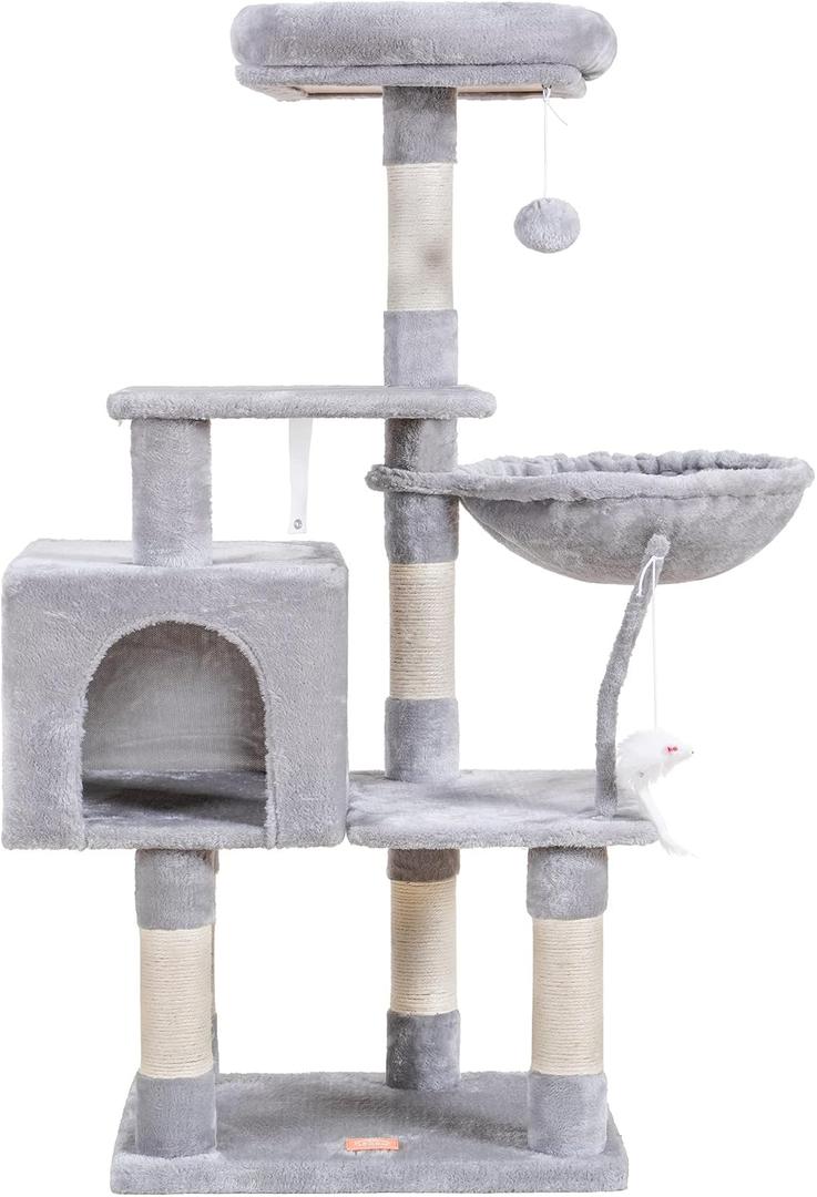 Heybly Cat Tree with Toy, 50.4" Cat Tower condo for Indoor Cats, HCT004W
Cat Condo with Durable Sisal Scratching Posts, Cat House with Padded Plush Perch, Cozy Hammock, Light Gray