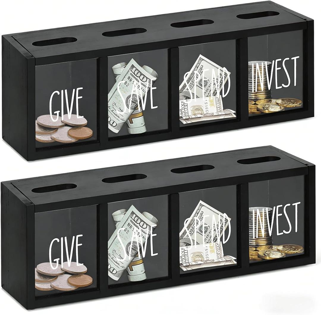 2 Pcs Piggy Bank for Kids Girls Boys, Wooden Give Save Spend Bank for Money Saving Box, Rustic Coin Banks for Adults, Change Coin Jar for Piggy Bank Toy, Early Ideas for Kids