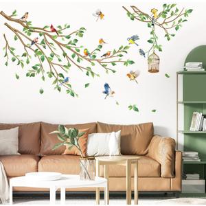 decalmile Birds on Tree Branch Wall Decals Spring Green Leaves Flying Bird Wall Stickers Living Room Bedroom Sofa TV Background Wall Decor