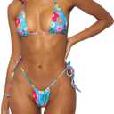 Women Halter String Bikini Set Sexy Thong Cheeky Two Piece Swimsuits Solid Color Bathing Swimwear (Blue Flower), XS