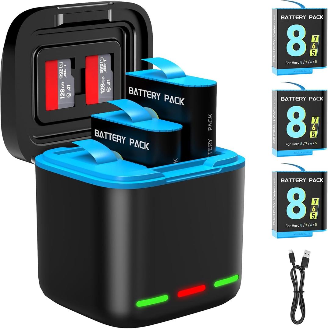 Battery Charger for Hero 8/7/6 Battery 3-Pack 1500mAh and USB Storage 3-Channel Fast Charger Fully Compatible with GoPro Hero 8, Hero 7, Hero 6 Black Official with Micro SD Card Slot