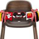 Mouse First Birthday High Chair Banner - Red Yellow Black, One Celebration with Tassels and Gingham Bows, Party Decoration (Mouse Banner)