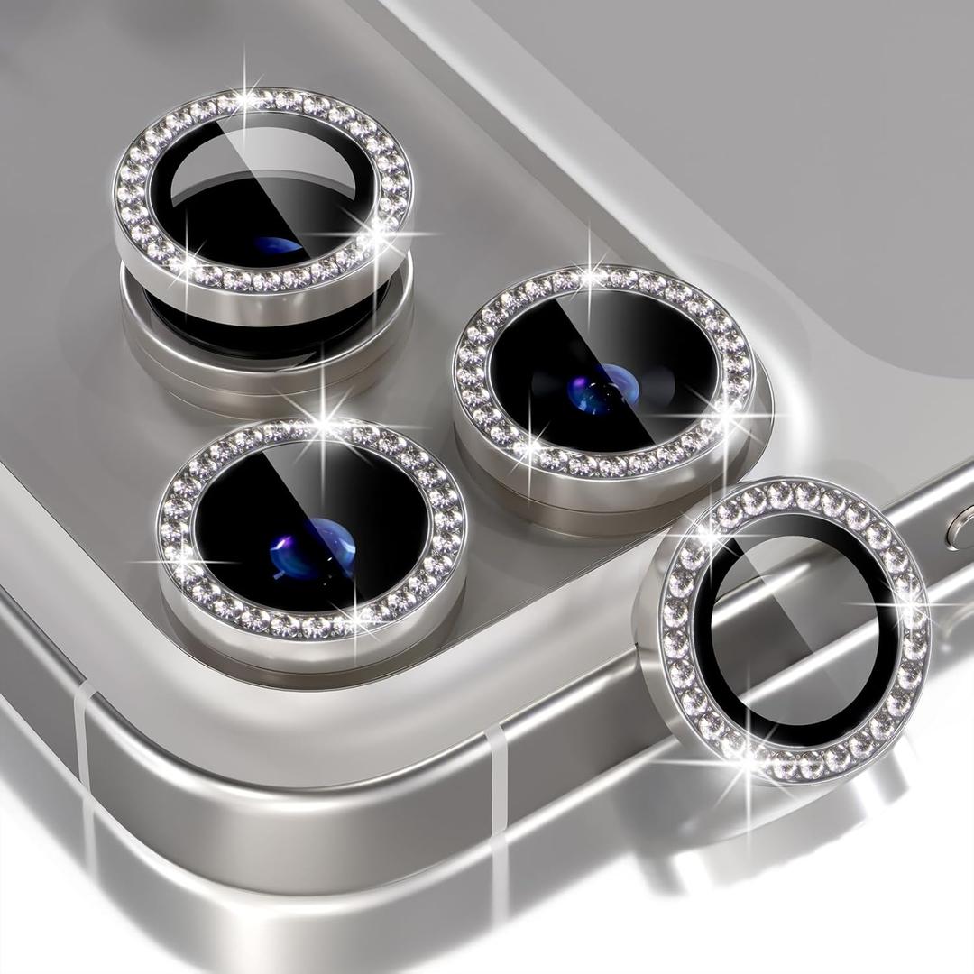 Choiche Compatible for iPhone 17 Pro/iPhone 17 Pro Max Camera Lens Protector Bling, 9H Tempered Glass Camera Cover Screen Protector Metal Ring Decoration Accessories (Diamond-Titanium Natural)