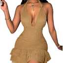 SOLY HUX Women's Summer Halter Bodycon Mini Dress Sexy Deep V Ruffle Party Cocktail Cami Dresses, Small
