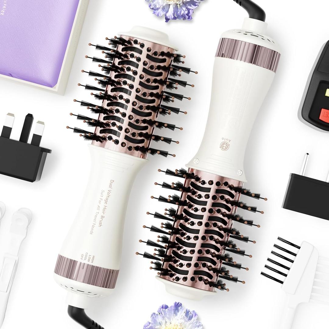 Travel Dual Voltage Hair Dryer Brush 4-IN-1 Portable Mini Hot Air Blow Dryer Straightener & Curler Brush, Titanium Round Blowout Styler Volumizer Tools, 110/240V US/EU/UK Plug for International Travel (Nacre White & Ros Gold)