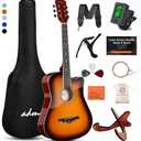 ADM 38" Inch Acoustic Guitar Bundle for Beginners Adults with Online Lesson, Cutaway Wood Acustica Guitarra Starter Set Package with Gig Bag, Strap, Steel Strings, Picks, Capos, Stand, Sunburst
