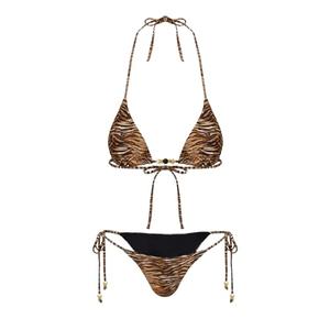 RoseSeek Women's 2 Pieces Zebra Striped Bikini Set Halter Triangle Swimsuit Y2K Tie Side Bathing Suit Brown Large