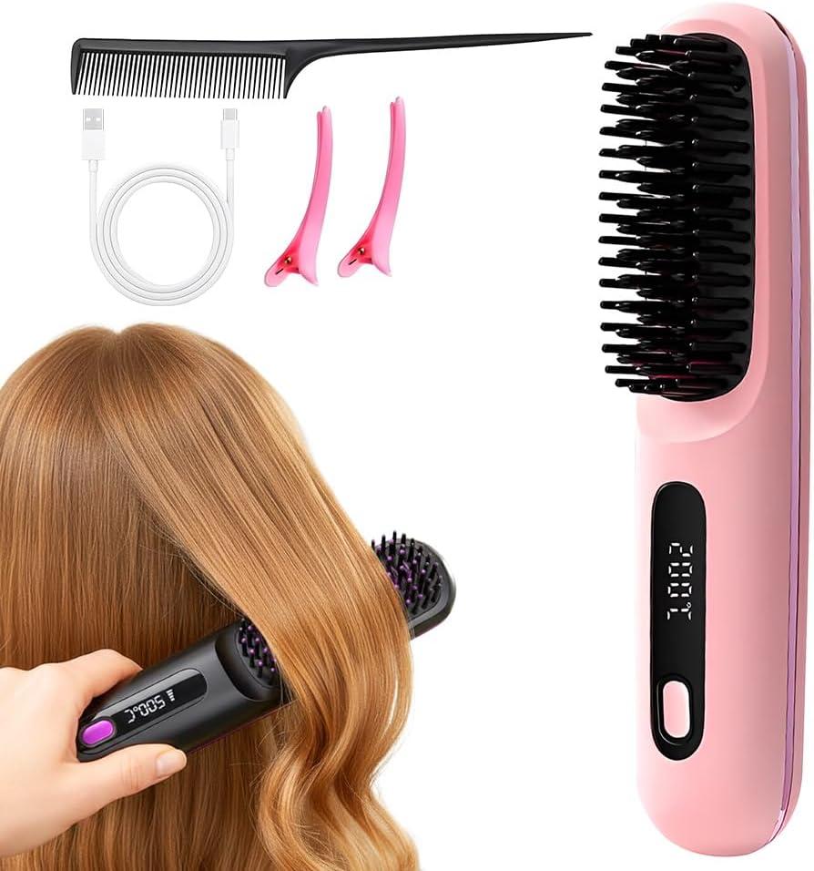 Go Brush Pro 2026, Portable Straightener Brushs for Travel, with LCD Temperature Display, Fast Heating Cordless Mini Hair Brushs (Pink)