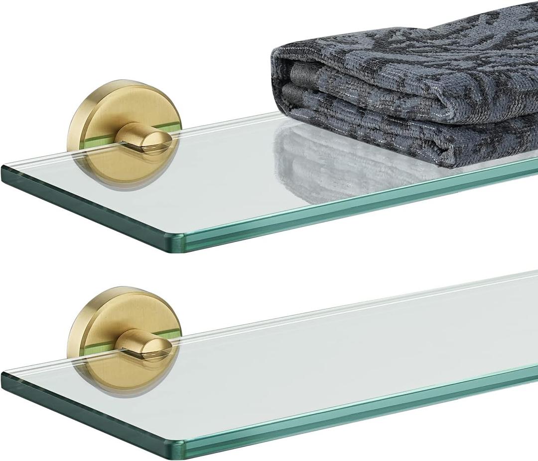 JQK Bathroom Glass Shelf Gold, Tempered Glass Shower Storage 12 by 5 inches, 304 Stainless Steel Brushed Gold Wall Mount 2 Pack, TGS101L12-BG-P2