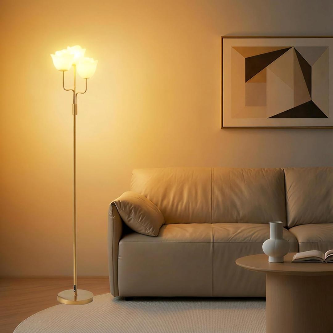 Fiqevs Dimmable Flower Floor Lamp for Living Room, Vintage Floor Lamp with 3 LED Bulbs, Mid Century Gold Standing Lamp with Floral Shade, Floral Tall Lamp for Bedroom Office - Antique Brass