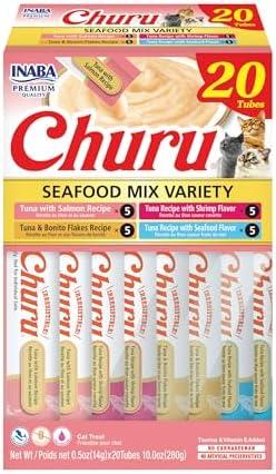 INABA Churu Cat Treats, Grain-Free, Lickable, Squeezable Creamy Purée Cat Treat/Topper with Vitamin E & Taurine, 0.5 Ounces Each Tube, 20 Tubes, Seafood Variety Box BEST USED BY: 10/13/2025