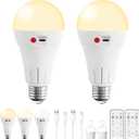 Vitnucrol 2 Pack Rechargeable Light Bulbs with Remote, E26 Wireless Battery Operated Light Bulb for Lamps, 2600mAh 3 Colors Dimmable Emergency LED Light Bulbs, 7W, 300LM