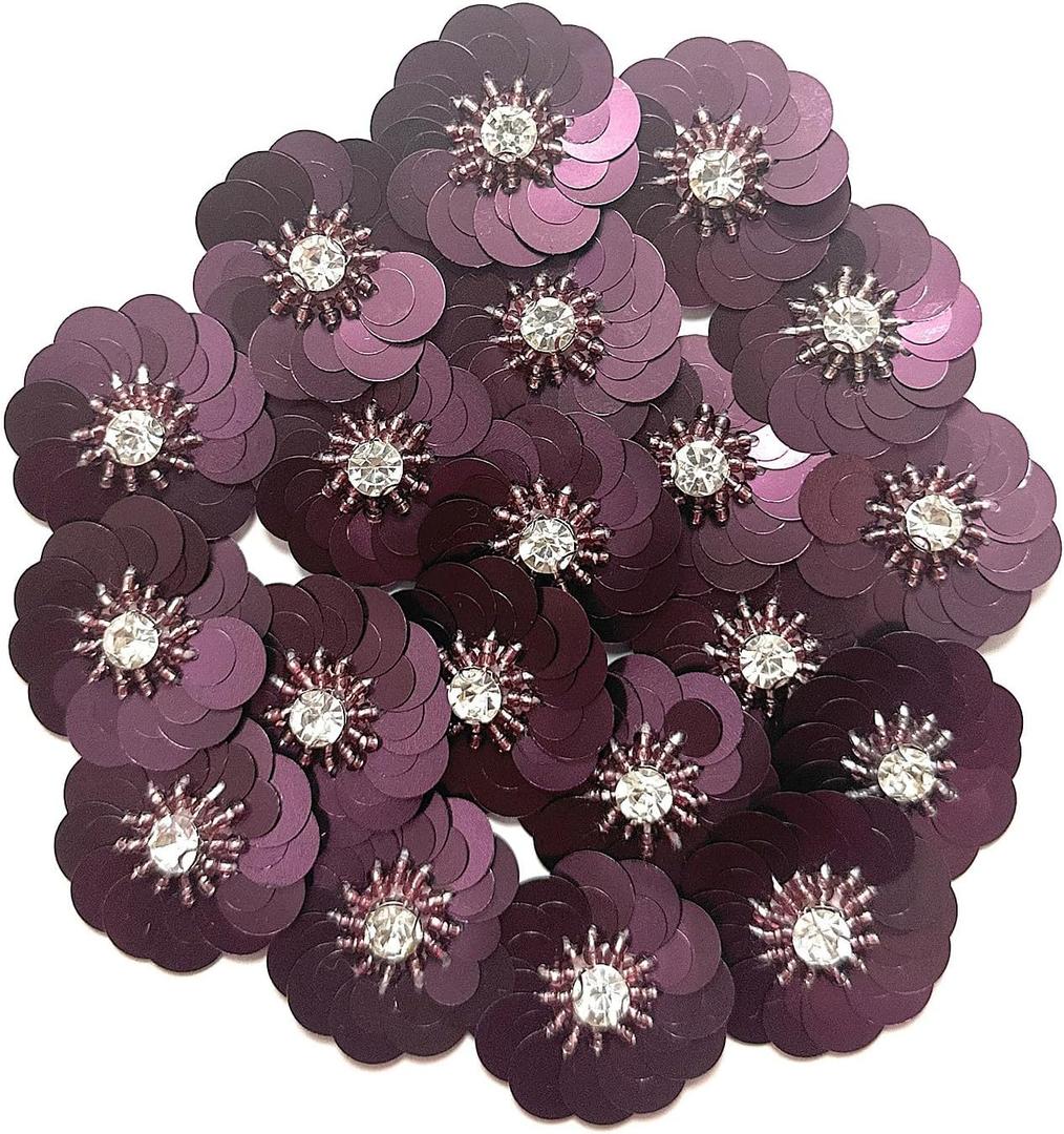 20 pcs Purple Sequin 1 1/4" Flowers Beading Applique, Crystal Beaded Mix Flower Applique sew on Cloth Patch DIY Garment Accessory Cloth Headband Decor