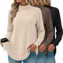 3 Pack Women's Turtleneck Sweatshirts, Long Sleeve Cotton Shirts Curved Hem Pullover Tees Tunic Casual Winter Tops (Medium, Black, Brown, Apricot)