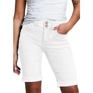 Sidefeel Women's Jean Shorts High Waisted Stretchy Bermuda Folded Hem Denim Summer Shorts (White, L)