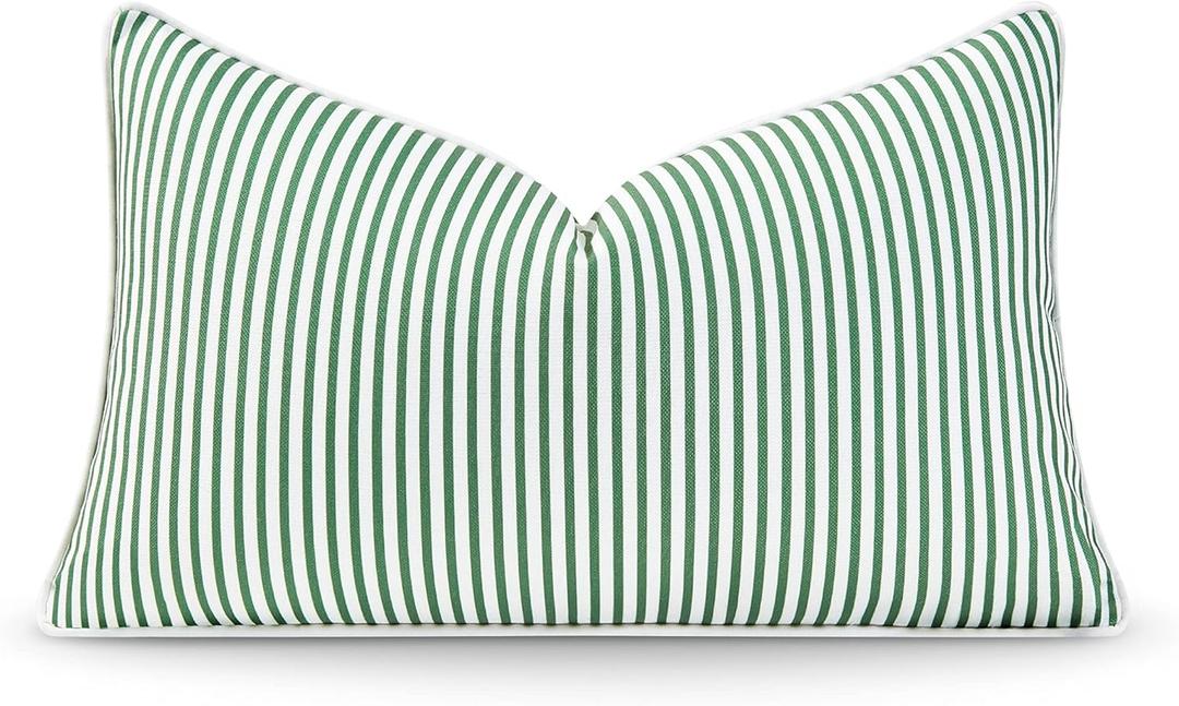 Hofdeco Premium Coastal Patio Indoor Outdoor Lumbar Pillow Cover Only, 12"x20" Water Resistant for Backyard, Couch, Green Stripe