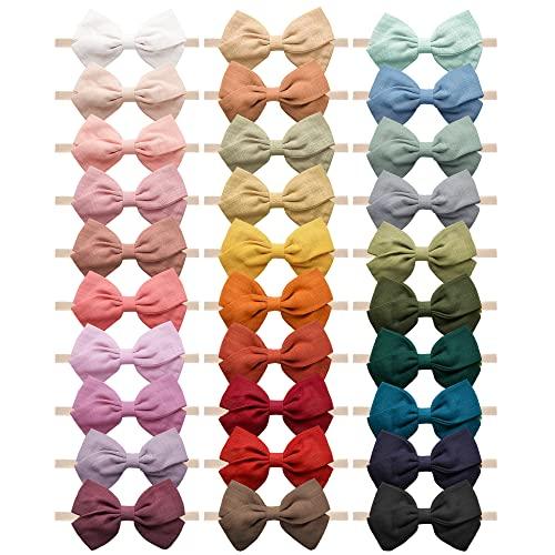 Jesries 28 Pcs Baby Headbands Girls Hair Bows Nylon Hairbands with Linen Bows Handmade Head Accessories for Infant Newborn Toddlers Kids