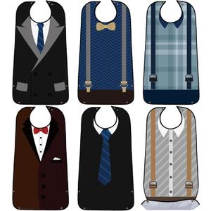 SATINIOR 6 Pack Adult Bibs for Men Elderly Eating Bibs with Crumb Catcher Waterproof Washable Clothing Protectors Father Gift (Suspenders Style)