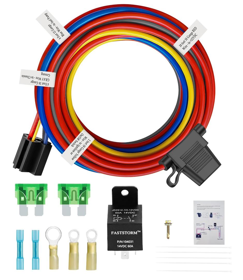 Electric Fuel Pump Relay Kit 12V Relay Bypass Switch Kit Fuel Pump Relay Wiring Harness Kit 60 Amp Waterproof Relay Kit Fit 12V System Heavy Duty Long Wires Universal Fit