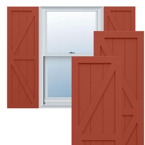 18"W x 36"H True Fit PVC Two Equal Panel Farmhouse Fixed Mount Shutters w/Z-Bar, Unfinished (Per Pair - Hardware Not Included)