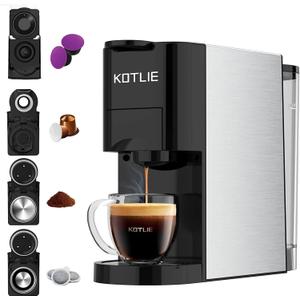 KOTLIE 4in1 Espresso Machine,Customize Volume Settings,Single Serve Coffee Maker for Nespresso original/K cups/L'OR/Ground Coffee/illy Coffee ESE,19Bar Espresso Maker,1450W Coffee Machine