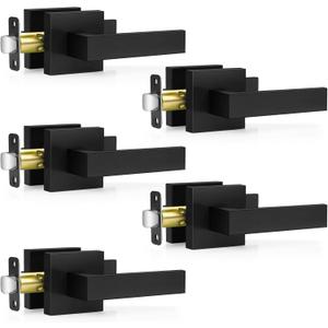 Plustool 5 Pack Matte Black Door Handles Interior, Passage Door Knobs Closet Door Levers for Hallway, Heavy Duty Square Doorknob Non-Locking Handlesets for Left & Right Sided Doors