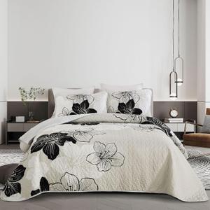 DJY Black White Quilt Set Queen 3 Pieces Floral Bedding Quilt Set Soft Botanical Bedspread with 2 Pillow Shams Lightweight Flower Quilt Coverlet Set for All Season 90''x 96'', Queen (90"x 96"), Black White Flower